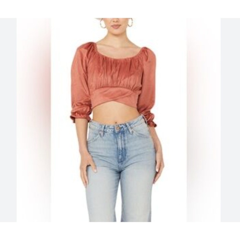 O. Vianca Crop Top Blouse Peasant Tie Dusty Orange Salmon S Silky